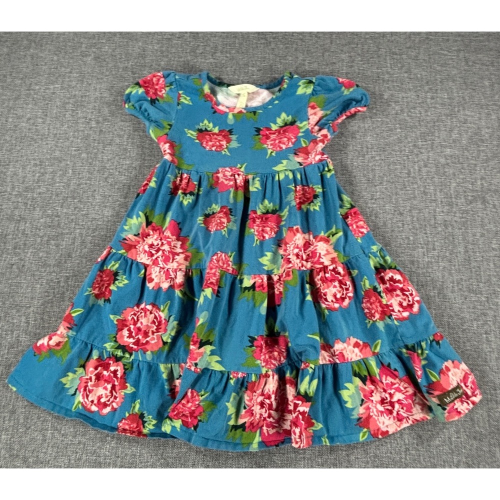 Matilda Jane Girls Floral Tiered Dress Size 4 Blue Pink Cotton Blend Puff Sleeve